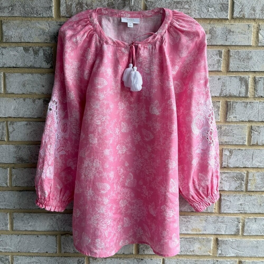 Charter Club Luxury Linen Pink/White Floral Tie Neck 3/4 Sleeve Blouse Size M